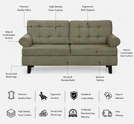 FABRIO Three Seater Upholstered Sofa Velvet - 12 Months Warranty - Beige Suede