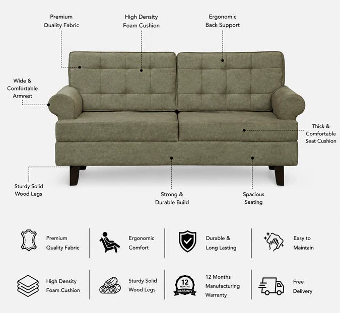 FABRIO Three Seater Upholstered Sofa Velvet - 12 Months Warranty - Beige Suede features