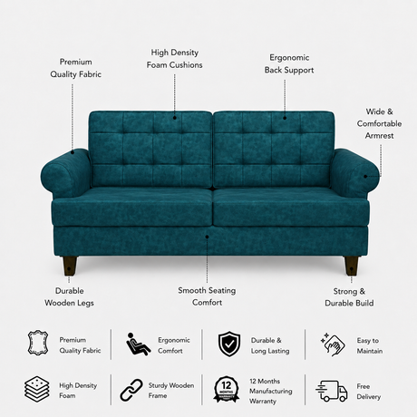FABRIO Three Seater Upholstered Sofa Velvet - 12 Months Warranty - Ocean Suede