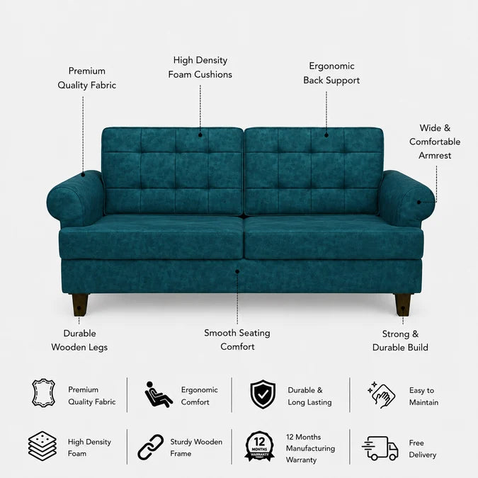 FABRIO Three Seater Upholstered Sofa Velvet - 12 Months Warranty - Ocean Suede features