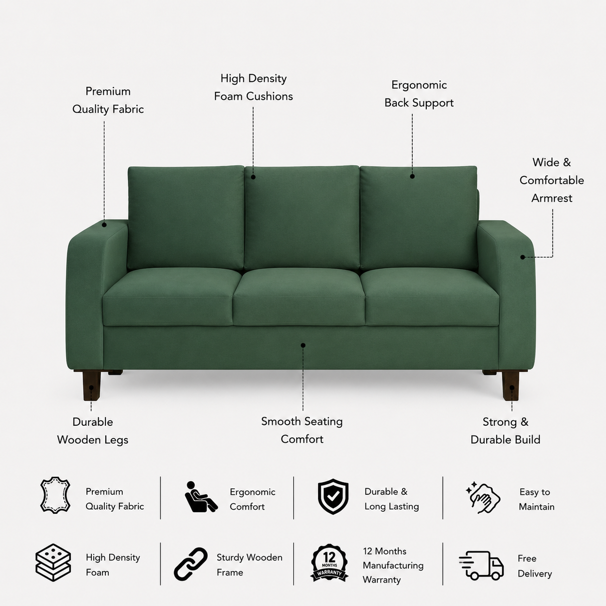 MAURUS Three Seater Upholstered Sofa Velvet - 12 Months Warranty - OASIS