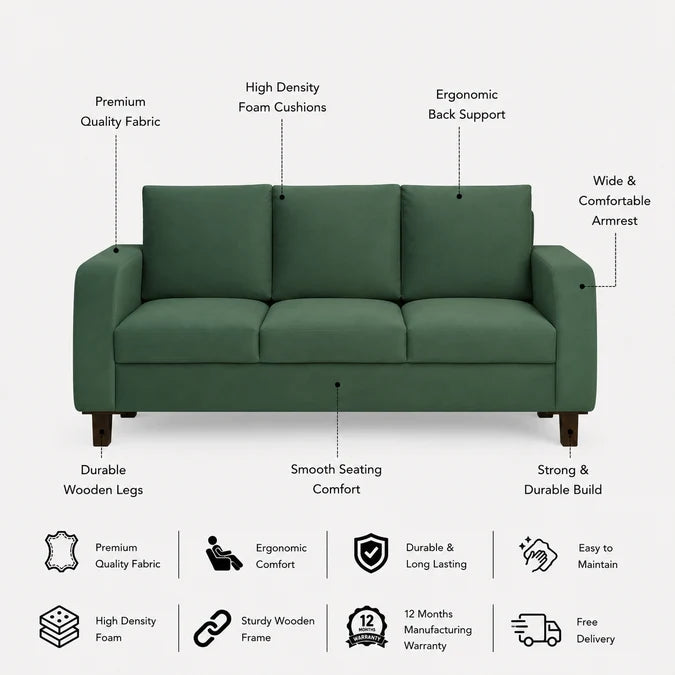MAURUS Three Seater Upholstered Sofa Velvet - 12 Months Warranty - OASIS features