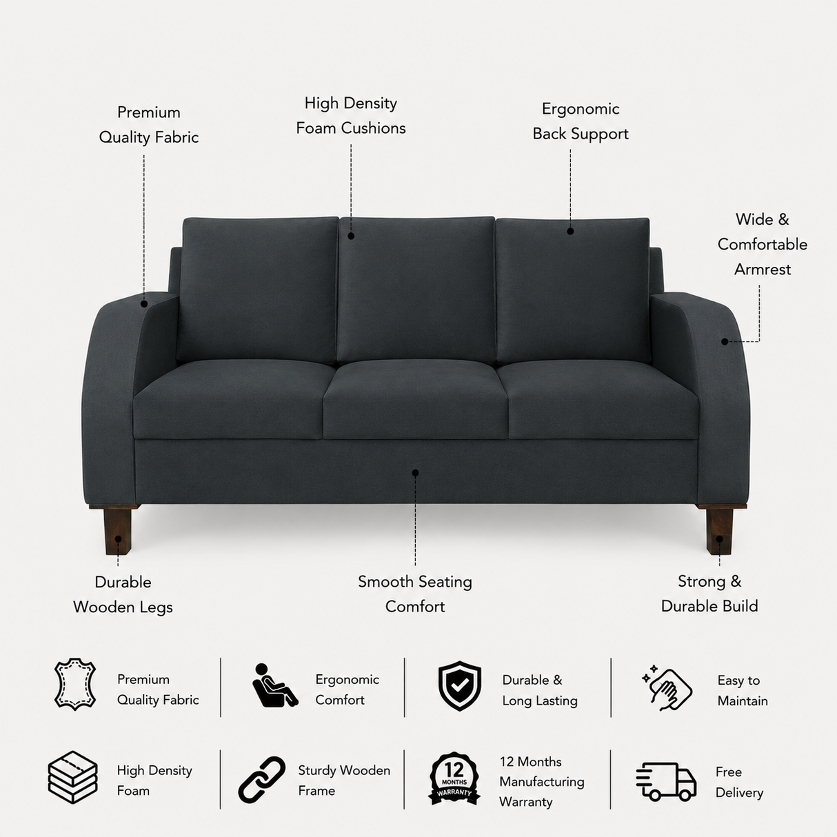 MAURUS Three Seater Upholstered Sofa Velvet - 12 Months Warranty - TAR