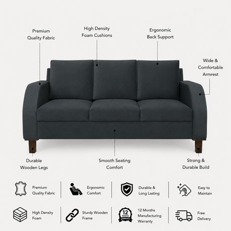 MAURUS Three Seater Upholstered Sofa Velvet - 12 Months Warranty - TAR