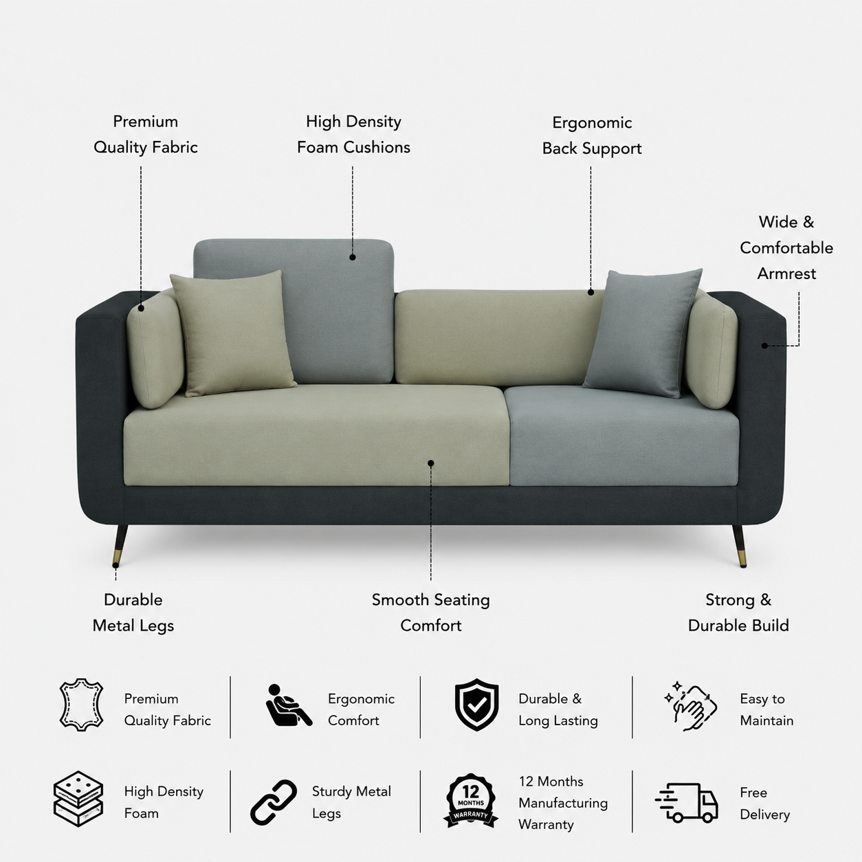 VEGAS Three Seater Upholstered Sofa Velvet - 12 Months Warranty