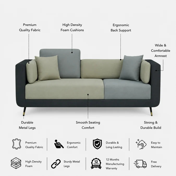 VEGAS Three Seater Upholstered Sofa Velvet - 12 Months Warranty features