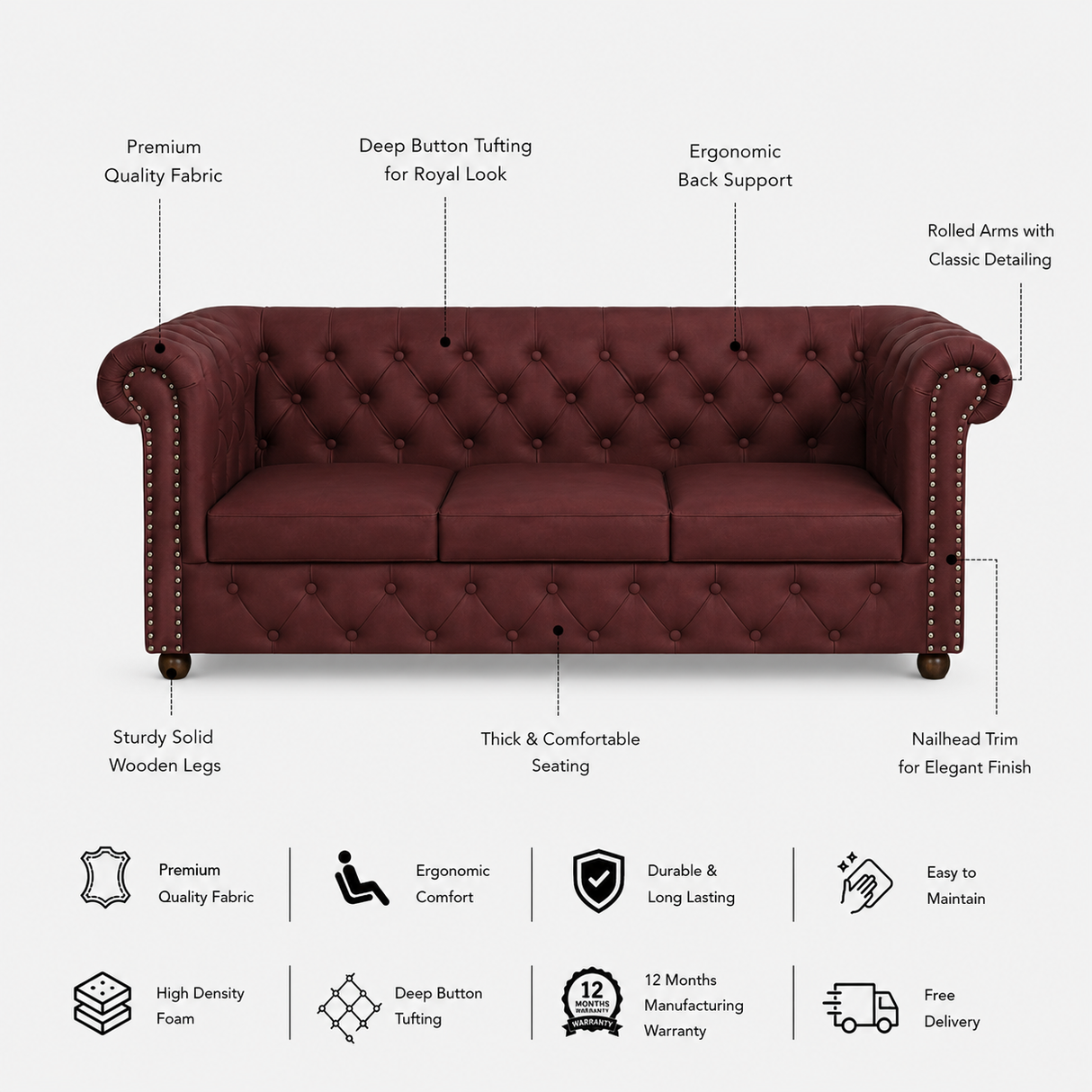 RAJ Three Seater Upholstered Sofa Leatherette - 12 Months Warranty - MAROON