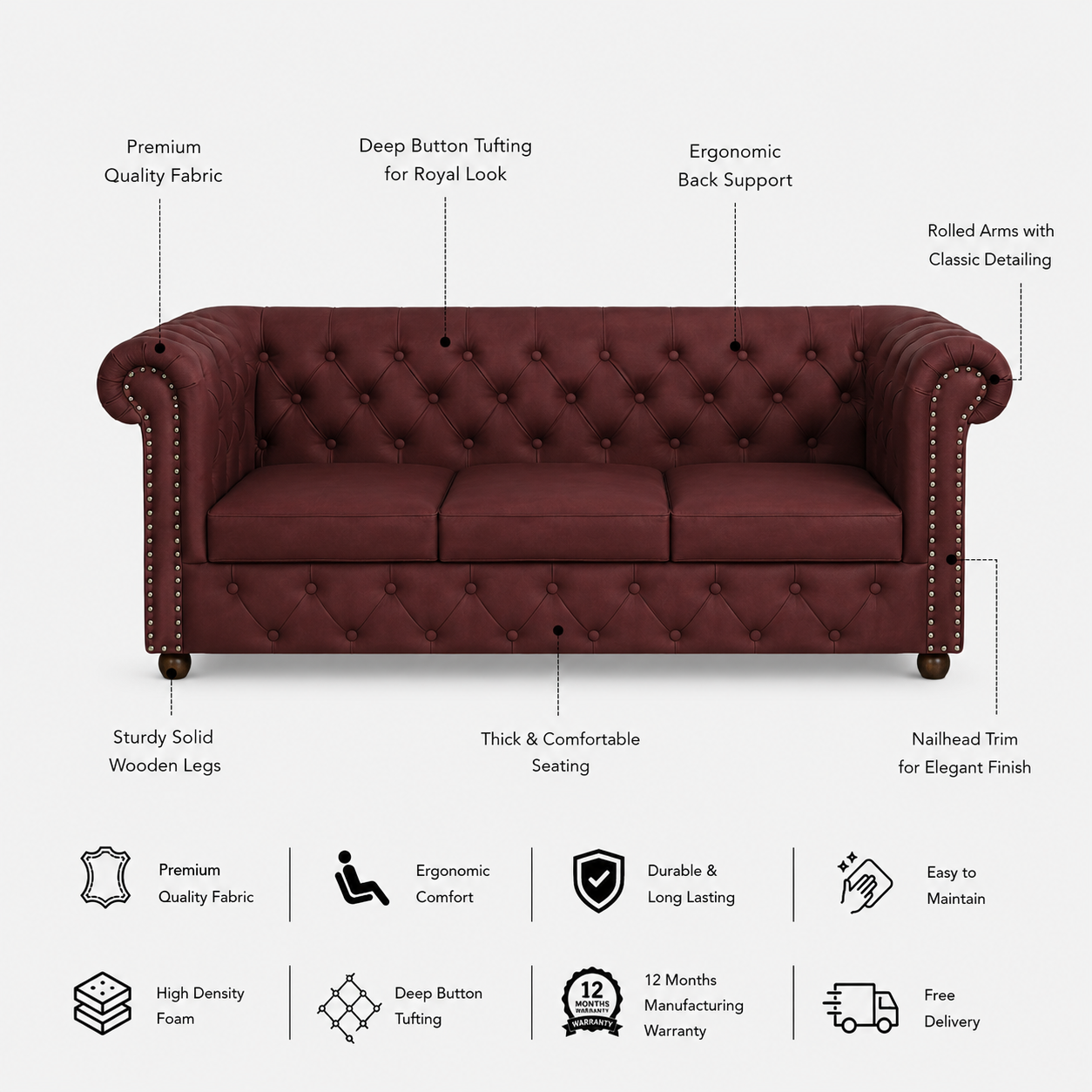 RAJ Three Seater Upholstered Sofa Leatherette - 12 Months Warranty - MAROON
