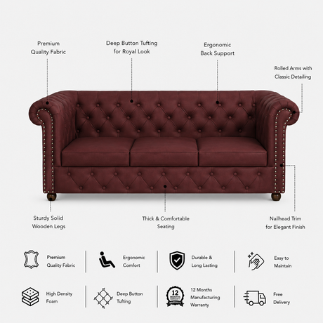 RAJ Three Seater Upholstered Sofa Leatherette - 12 Months Warranty - MAROON