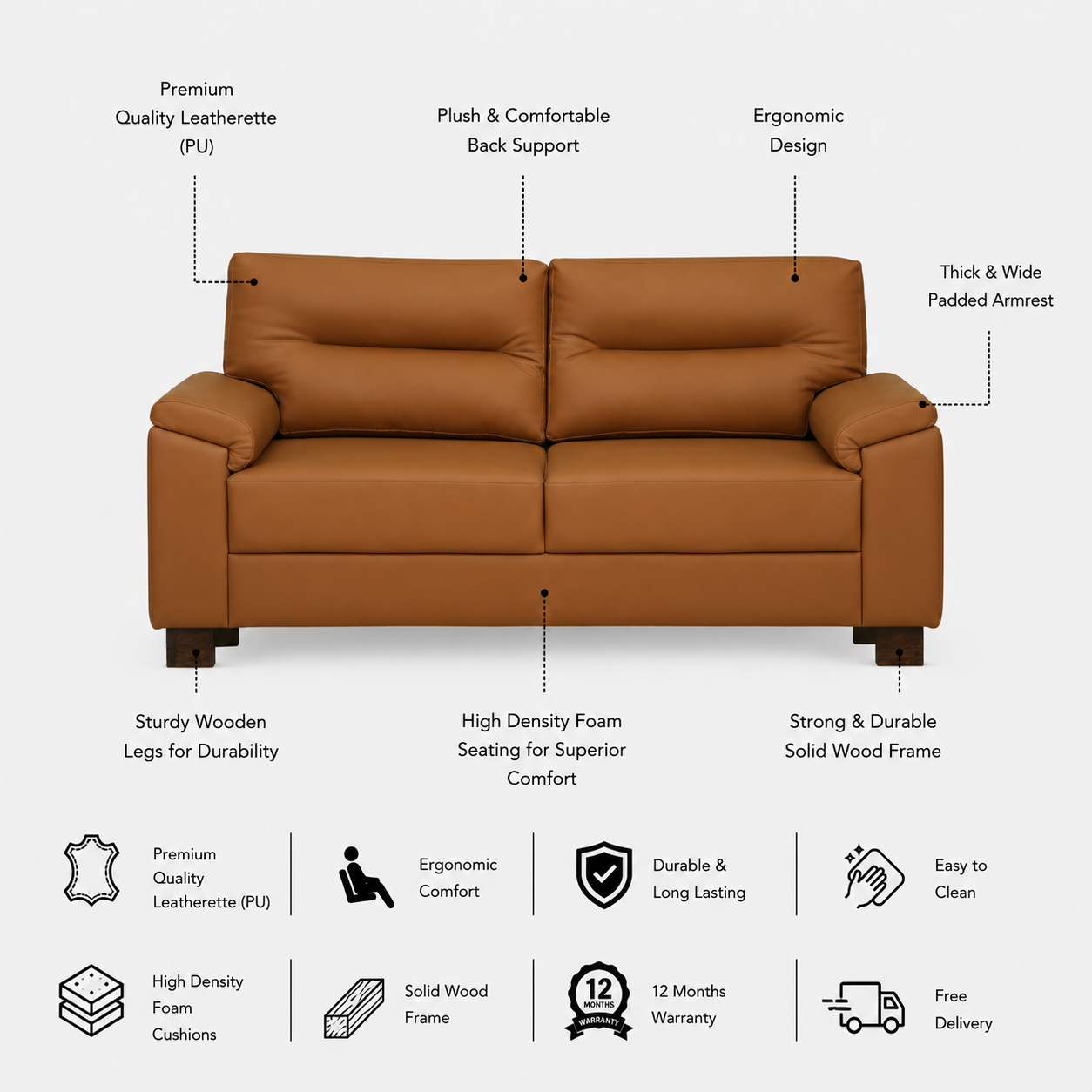 VALENTINO Three Seater Upholstered Sofa Leatherette - 12 Months Warranty - SAFFARON