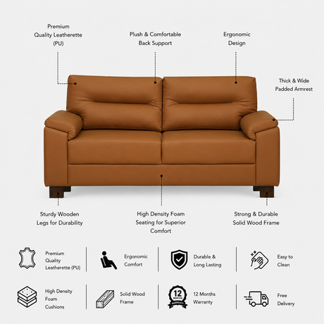 VALENTINO Three Seater Upholstered Sofa Leatherette - 12 Months Warranty - SAFFARON