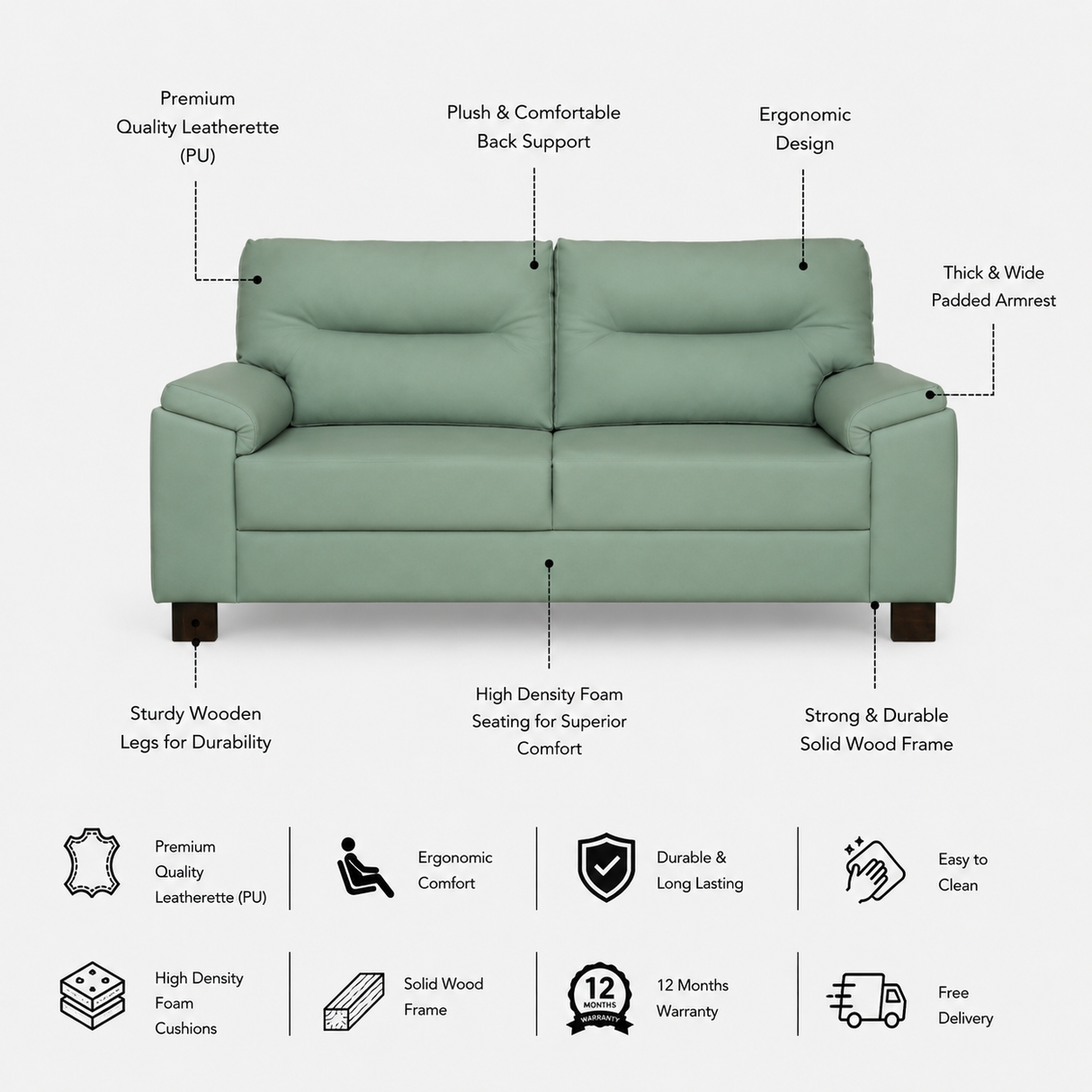 VALENTINO Three Seater Upholstered Sofa Leatherette - 12 Months Warranty - OASIS