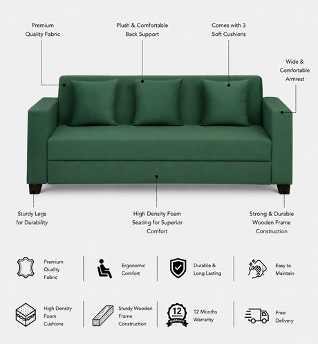 OOTY Three Seater Upholstered Sofa Velvet - 12 Months Warranty - OASIS