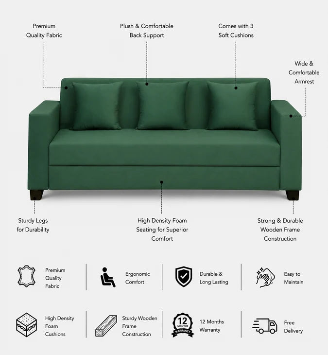 OOTY Three Seater Upholstered Sofa Velvet - 12 Months Warranty - OASIS features