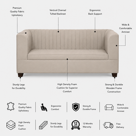 VENUS Three Seater Upholstered Sofa Velvet - 12 Months Warranty - SEASAME