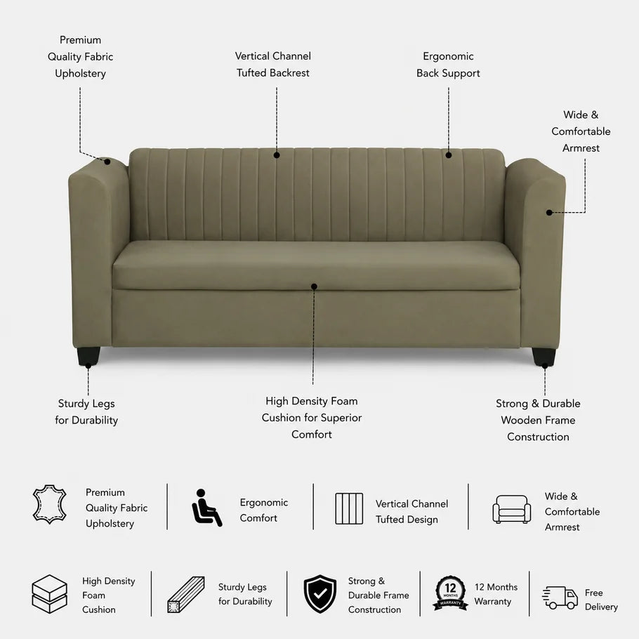VENUS Three Seater Upholstered Sofa Velvet - 12 Months Warranty features