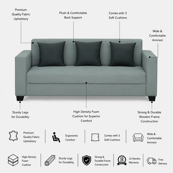 OOTY Three Seater Upholstered Sofa Velvet - 12 Months Warranty - GREY features