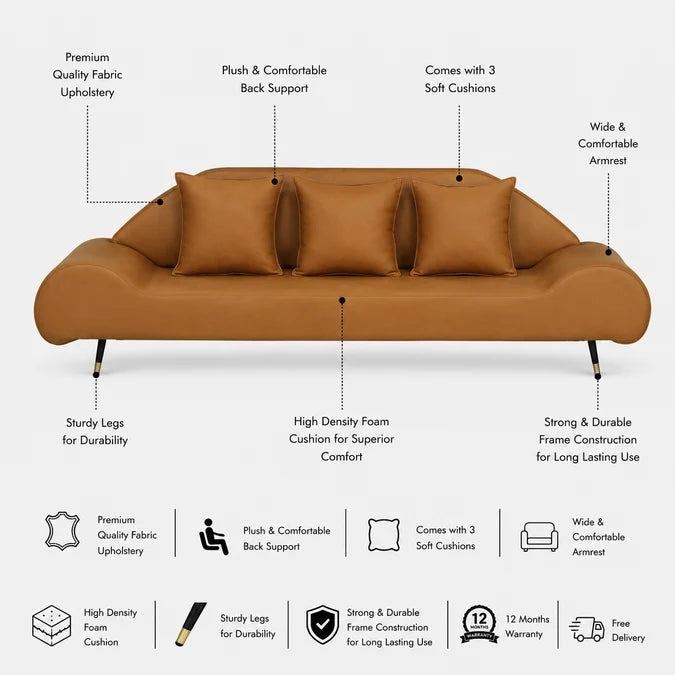 ROCKEY Three Seater Upholstered Sofa - 12 Months Warranty - SAFFARON features