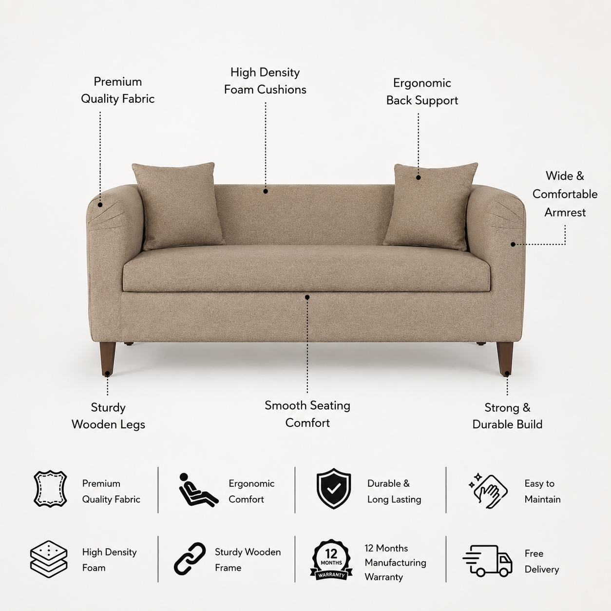 Ronny Three Seater Upholstered Sofa Velvet - 12 Months Warranty - BROWN