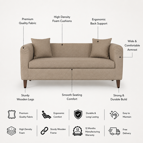 Ronny Three Seater Upholstered Sofa Velvet - 12 Months Warranty - BROWN