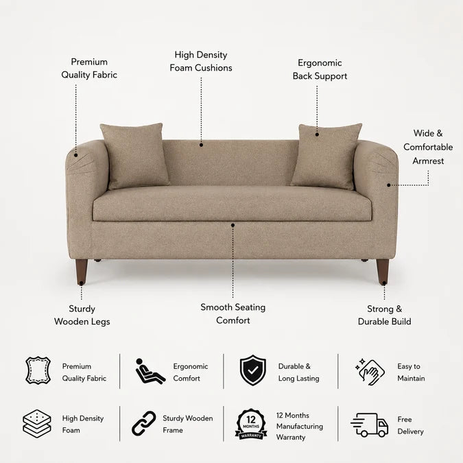 Ronny Three Seater Upholstered Sofa Velvet - 12 Months Warranty - BROWN features