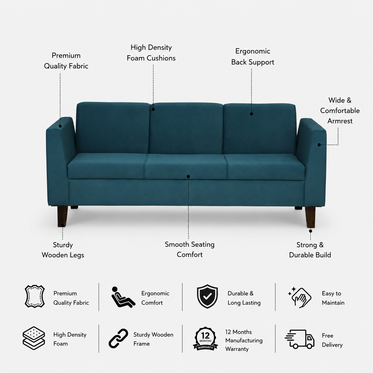 MANALI Three Seater Upholstered Sofa Velvet - 12 Months Warranty
