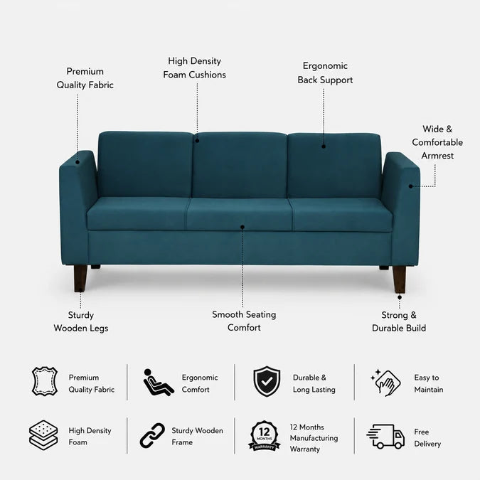 MANALI Three Seater Upholstered Sofa Velvet - 12 Months Warranty features