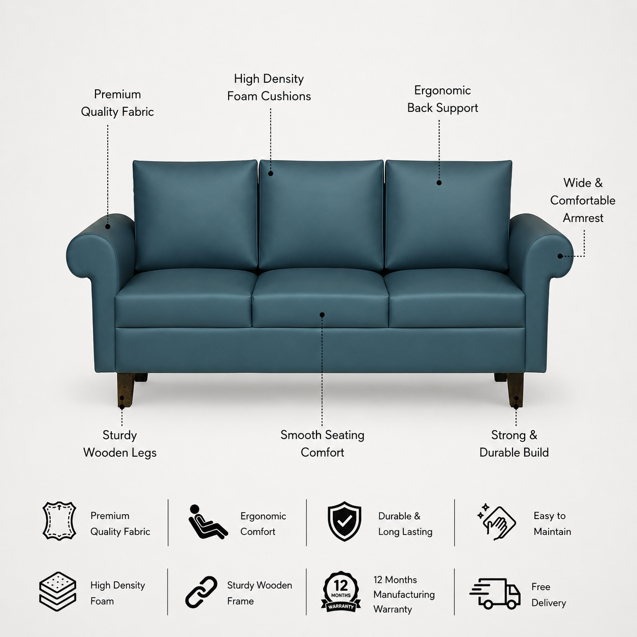 LUNA Three Seater Upholstered Sofa - 12 Months Warranty - Navy Blue