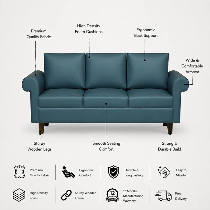 LUNA Three Seater Upholstered Sofa - 12 Months Warranty - Navy Blue features