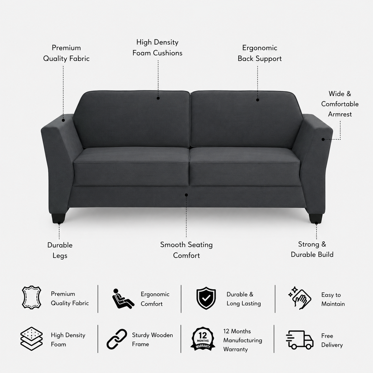 SANTORI Three Seater Upholstered Sofa Velvet - 12 Months Warranty - TAR