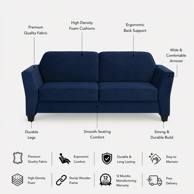 SANTORI Three Seater Upholstered Sofa Velvet - 12 Months Warranty - NAVY BLUE features