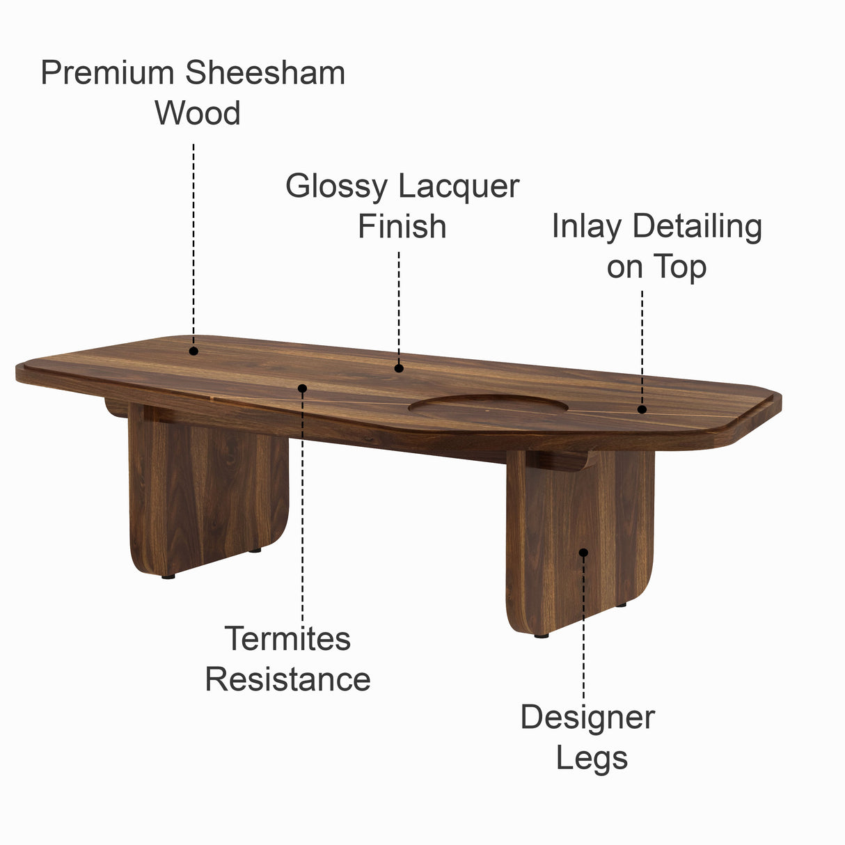 RECTOR Solid Sheesham Wood Coffee Table With Brass Detailing - 3 Years Warranty