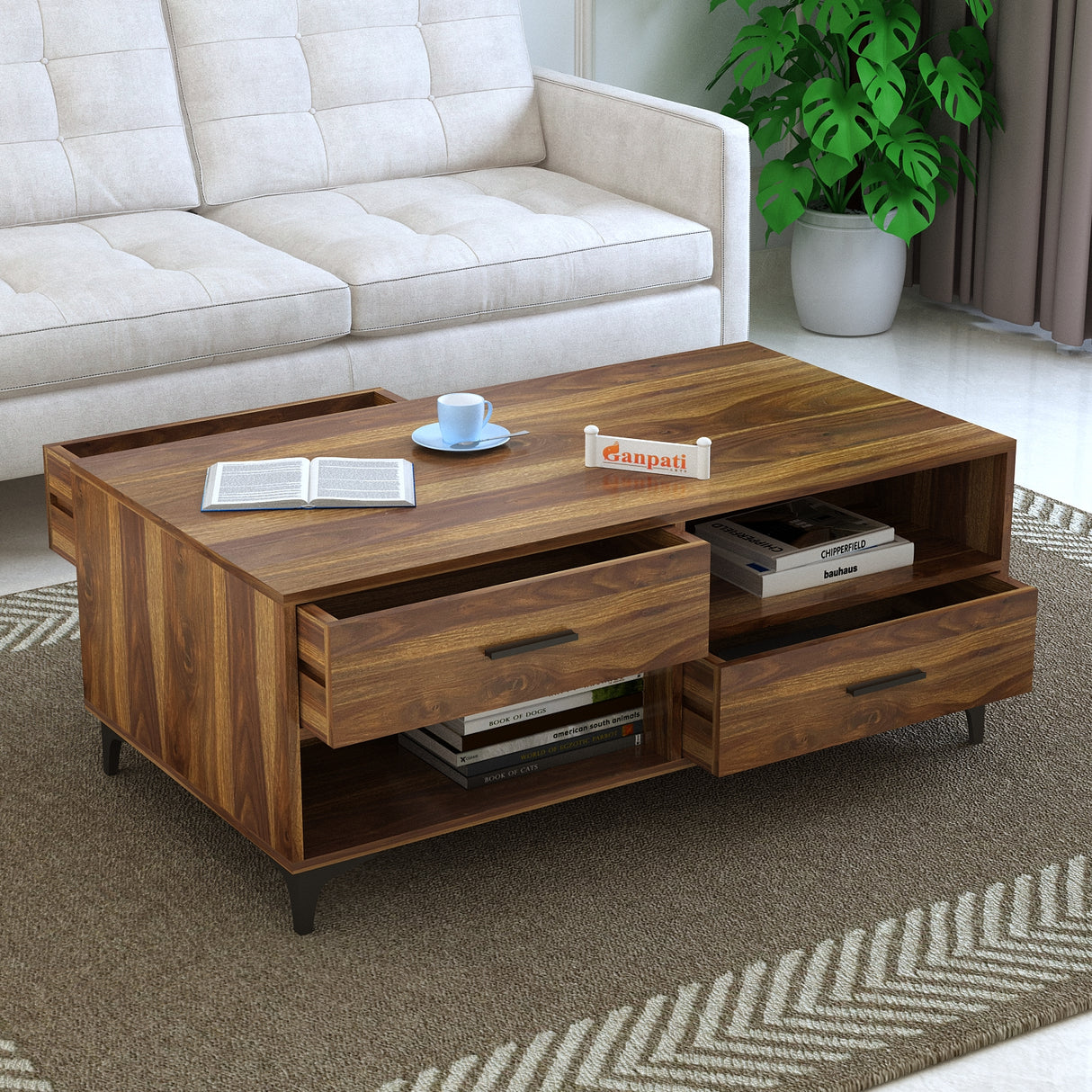 BOLT Solid Sheesham Wood Coffee Table With Four Drawers - 3 Years Warranty