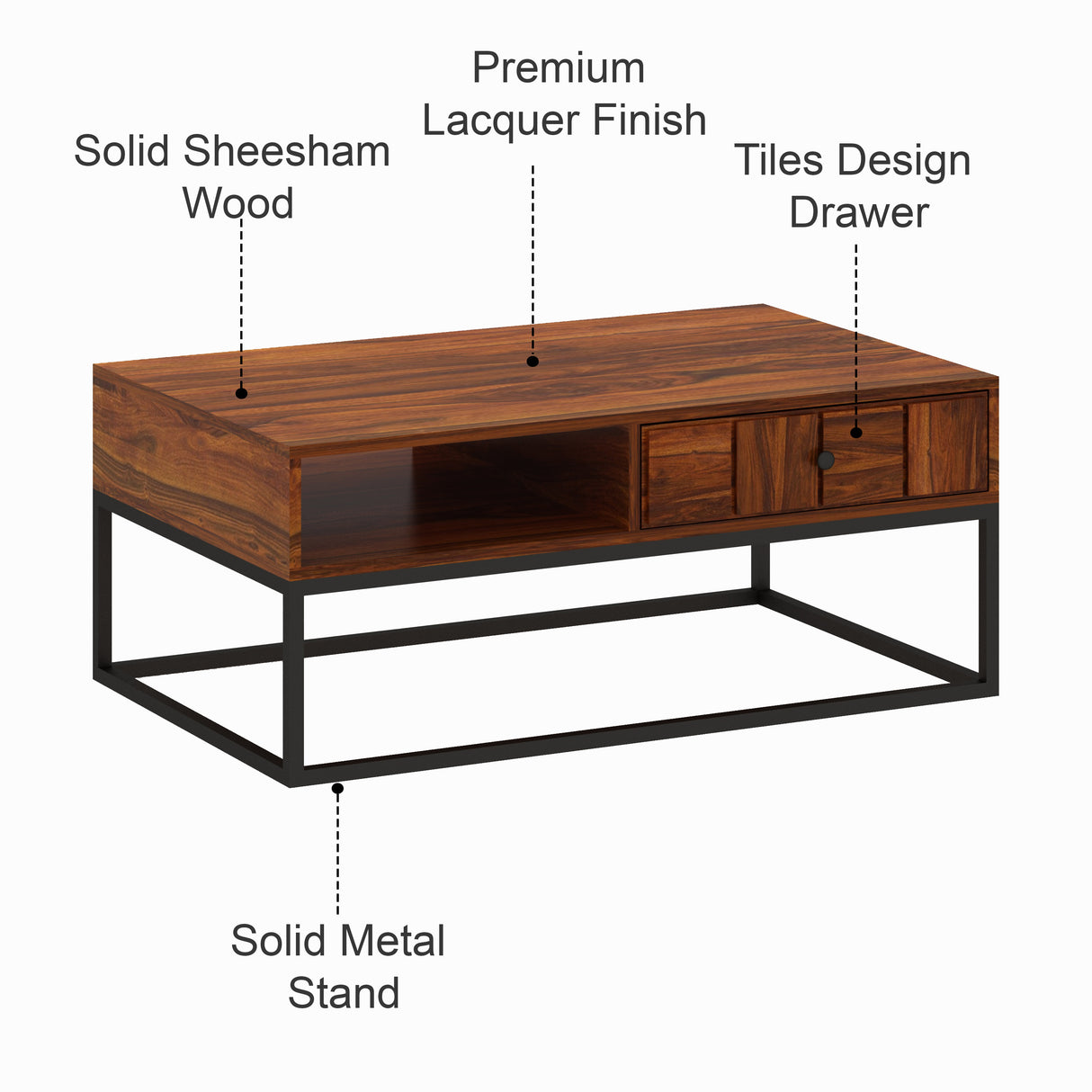 SCOTT Solid Sheesham Wood Coffee Table With One Drawer - 3 Years Warranty