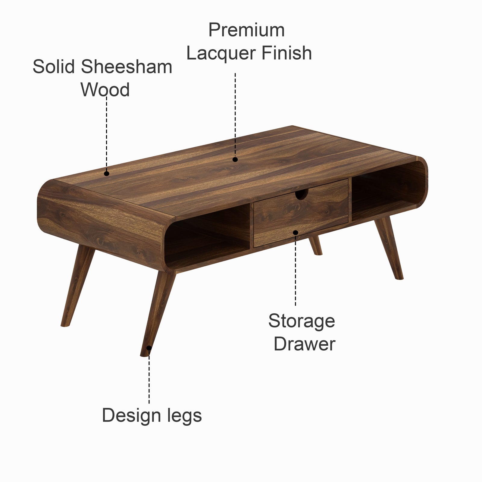 ELLEY Solid Sheesham Wood Coffee Table With One Drawer - 3 Years Warranty features