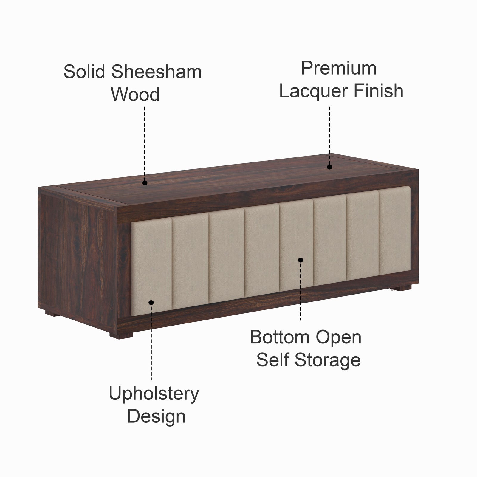 ROMEO Solid Sheesham Wood Coffee Table With Cushioning Design - 3 Years Warranty features