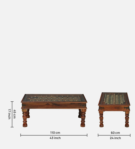 Haveli Solid Sheesham Wood Coffee Table With Glass and Brass Detailing - 3 Years Warranty