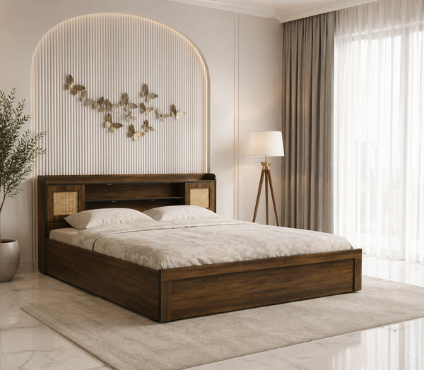 COPS Engineered Wood Bed with Box and Headboard Storage (Walnut) - 12 Months Warranty