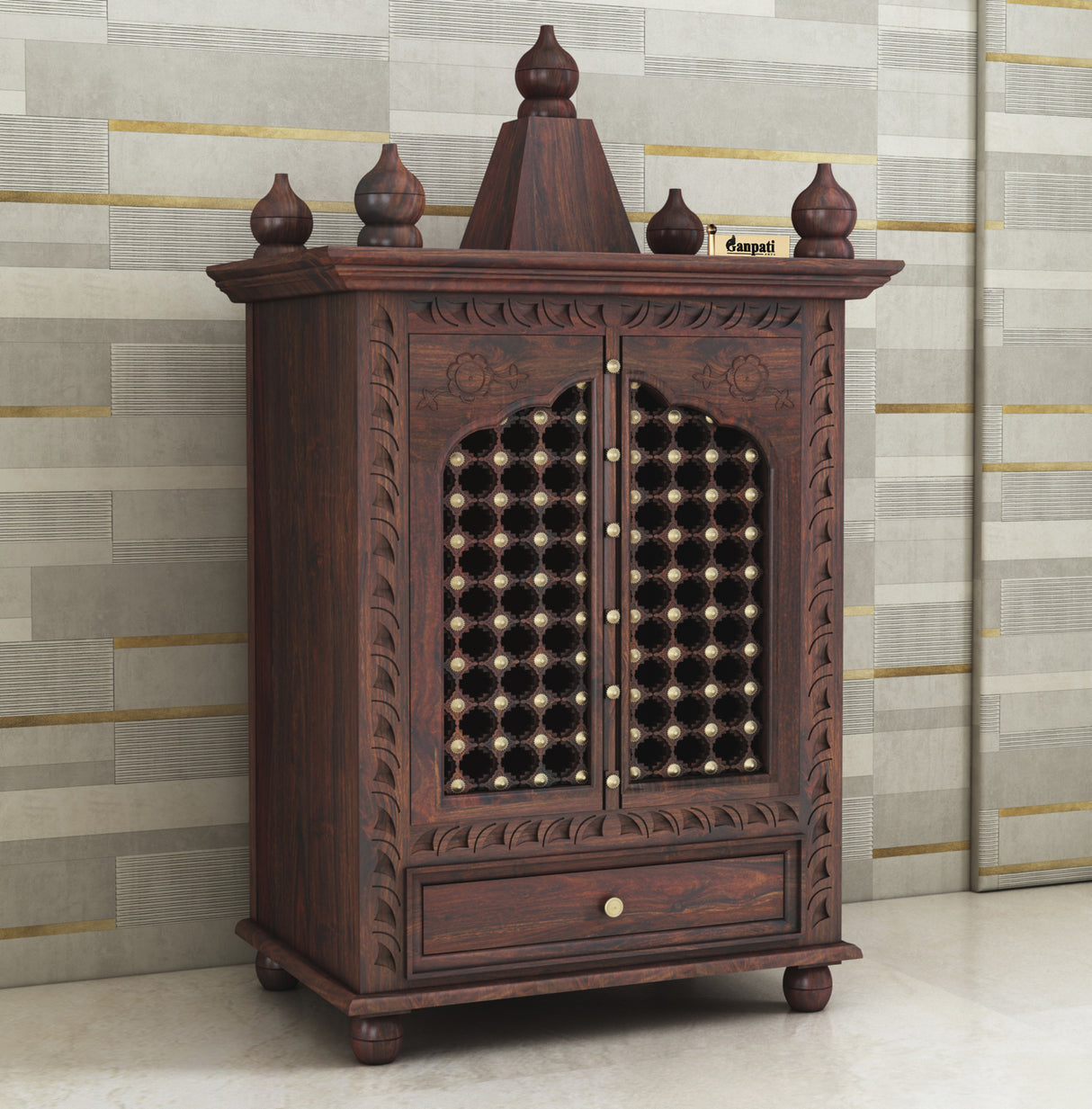 Brass Solid Sheesham Wood Mandir - 3 Years Warranty