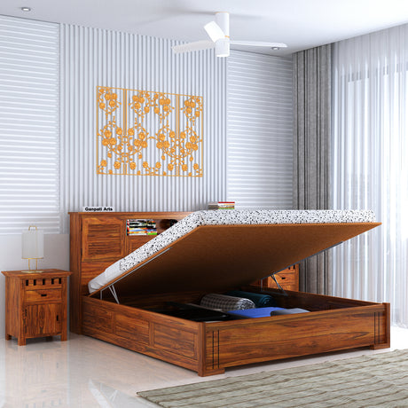 Maharaja Groove Solid Sheesham Wood Bed with Hydraulic Box and Headboard Storage - 1 Year Warranty