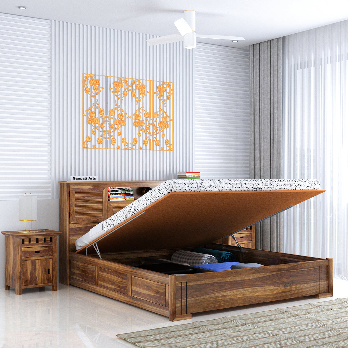 Maharaja Groove Solid Sheesham Wood Bed with Hydraulic Box and Headboard Storage - 3 years Warranty