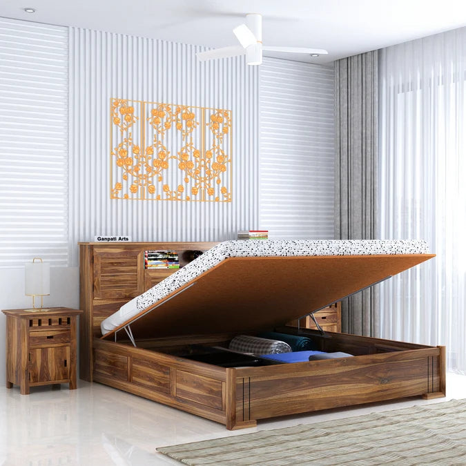 Maharaja Groove Solid Sheesham Wood Bed with Hydraulic Box and Headboard Storage - 3 years Warranty features