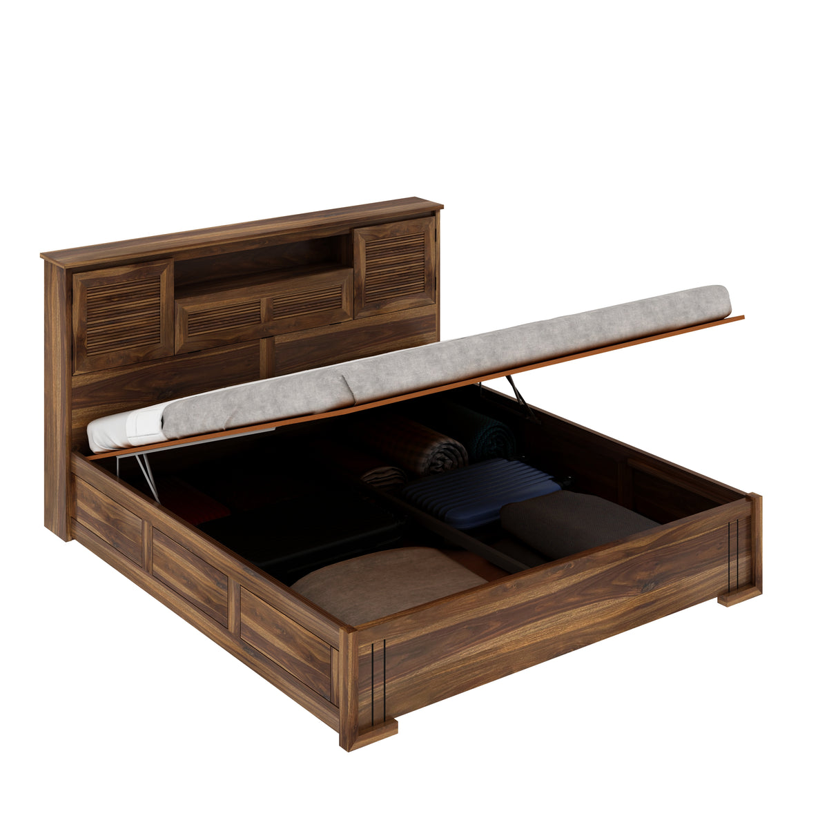 Maharaja Groove Solid Sheesham Wood Bed with Hydraulic Box and Headboard Storage - 3 years Warranty