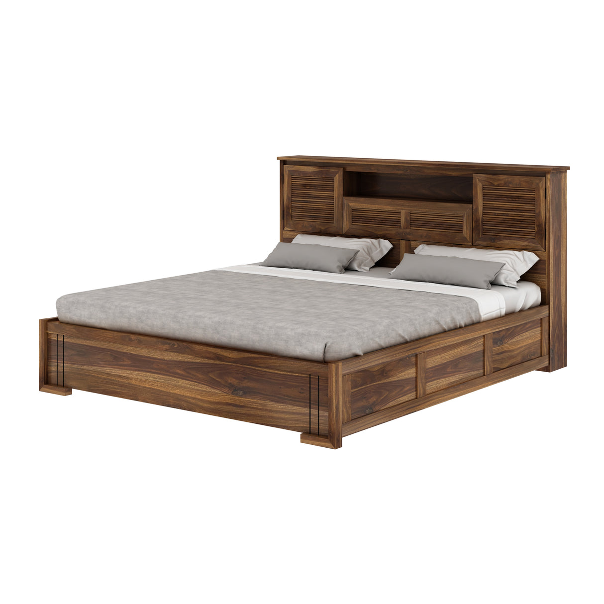 Maharaja Groove Solid Sheesham Wood Bed with Hydraulic Box and Headboard Storage - 3 years Warranty