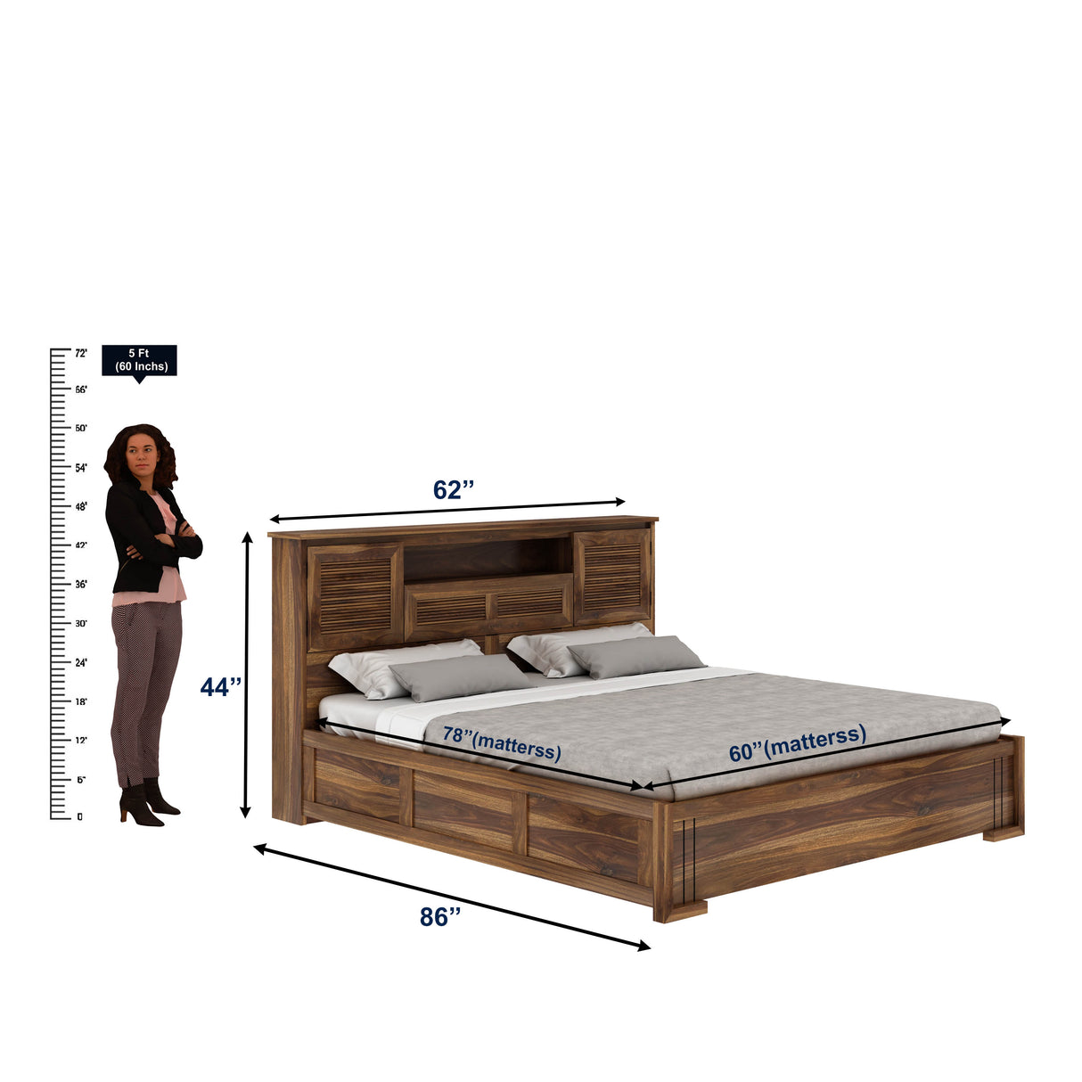 Maharaja Groove Solid Sheesham Wood Bed with Hydraulic Box and Headboard Storage - 3 years Warranty
