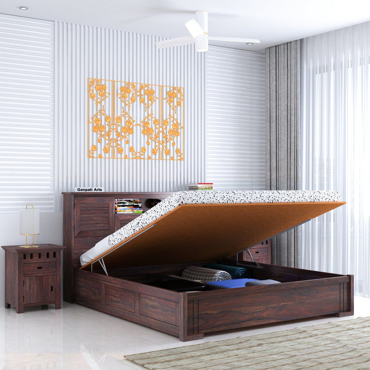 Maharaja Groove Solid Sheesham Wood Bed with Hydraulic Box and Headboard Storage - 3 years Warranty