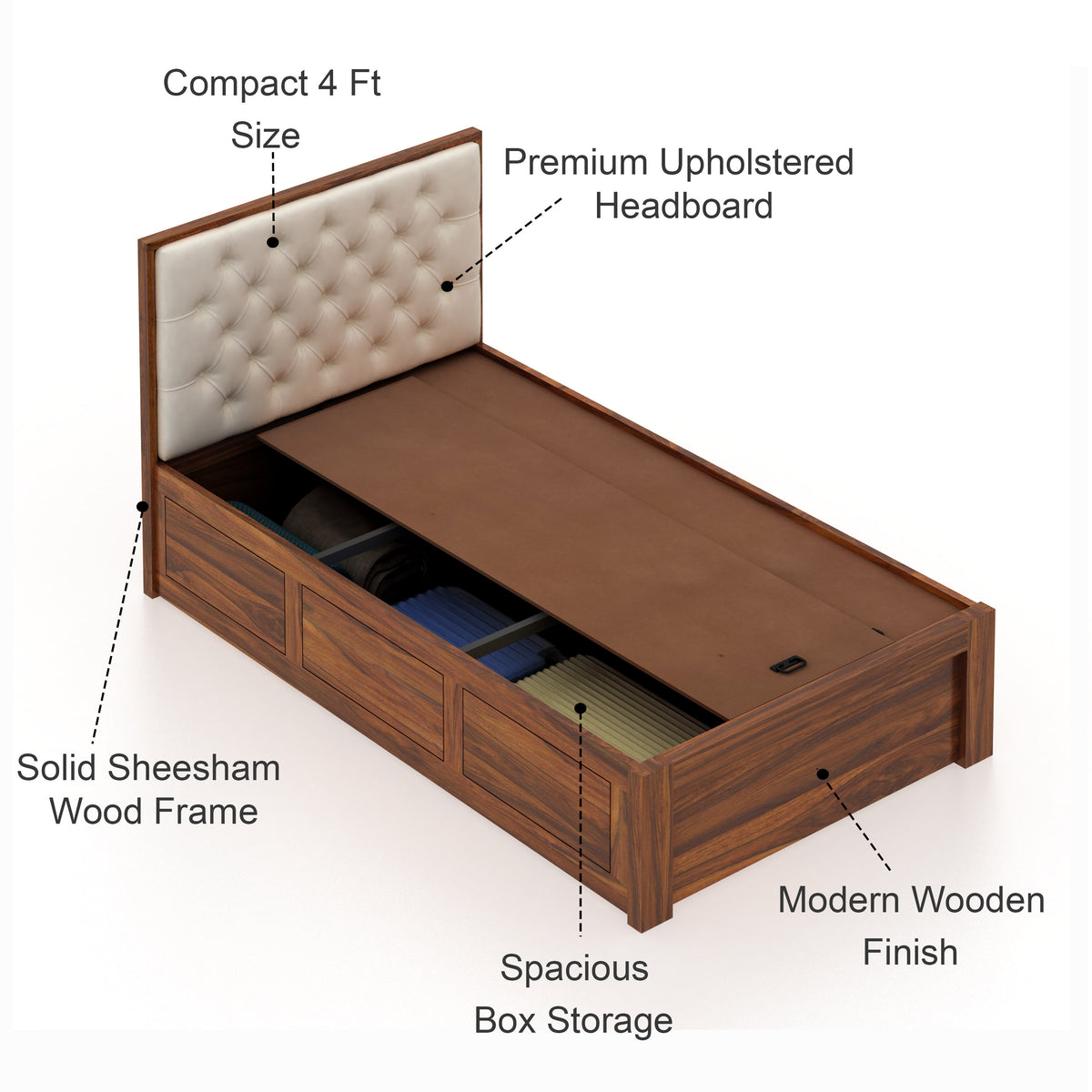 Decan Solid Sheesham Wood 4 Feet Bed With Box Storage - 3 Years Warranty