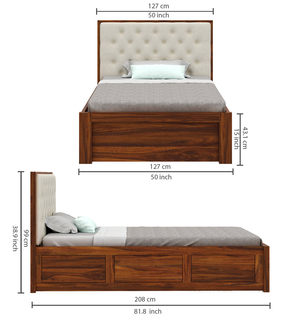 Decan Solid Sheesham Wood 4 Feet Bed With Box Storage - 3 Years Warranty