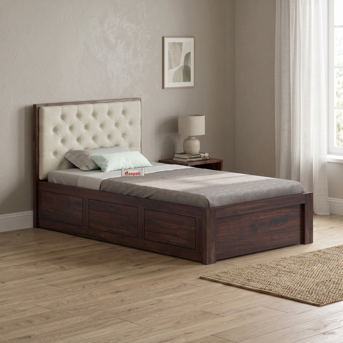 Decan Solid Sheesham Wood 4 Feet Bed With Box Storage - 3 Years Warranty