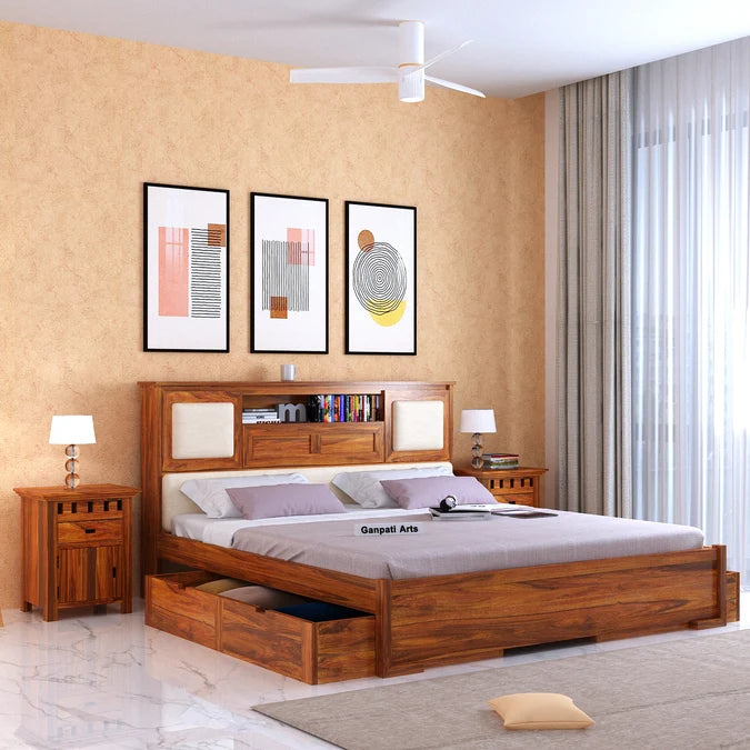 Maharaja Solid Sheesham Wood Bed With Two Drawer Storage and Headboard Storage - 3 Years Warranty features